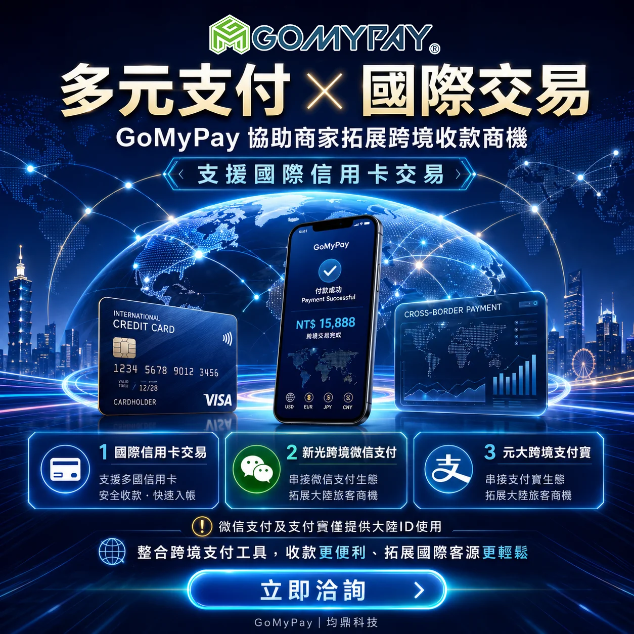GoMyPay（均鼎科技）多元支付國際交易｜整合國際信用卡、微信支付與支付寶